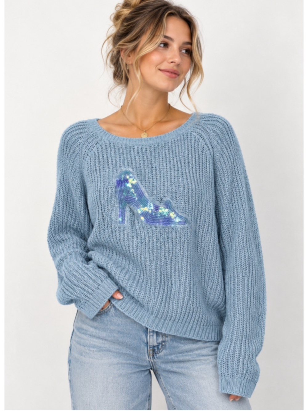 LC Lauren Conrad Disney Cinderella Sequin Glass Slipper Knit Sweater Blue M